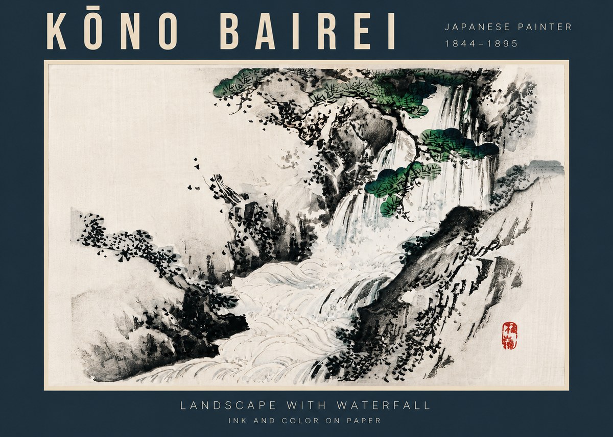 Kōno Bairei Landscape with Waterfall No4 - Póster