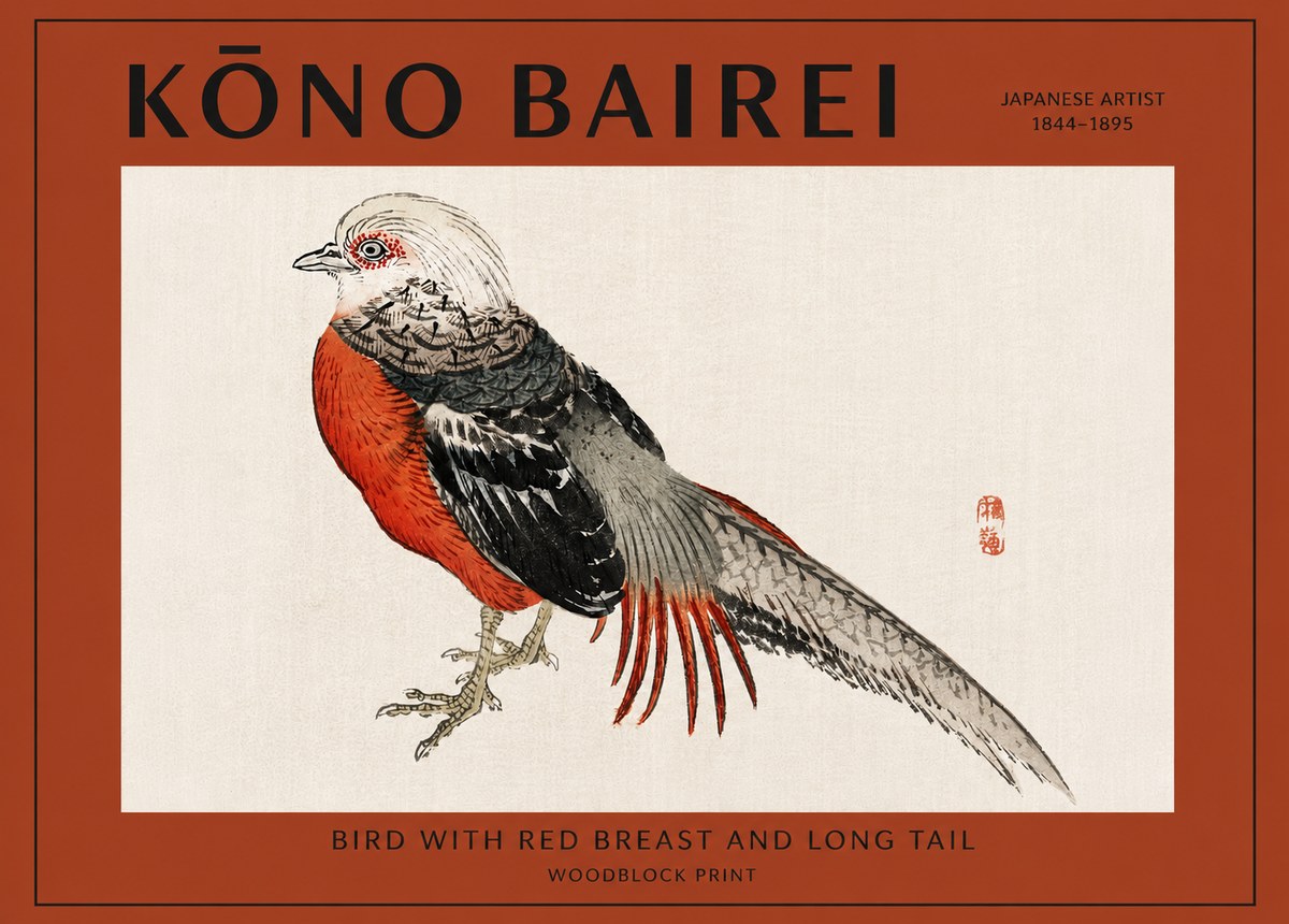 Kōno Bairei Bird with Red Breast and Long Tail No2 - Póster