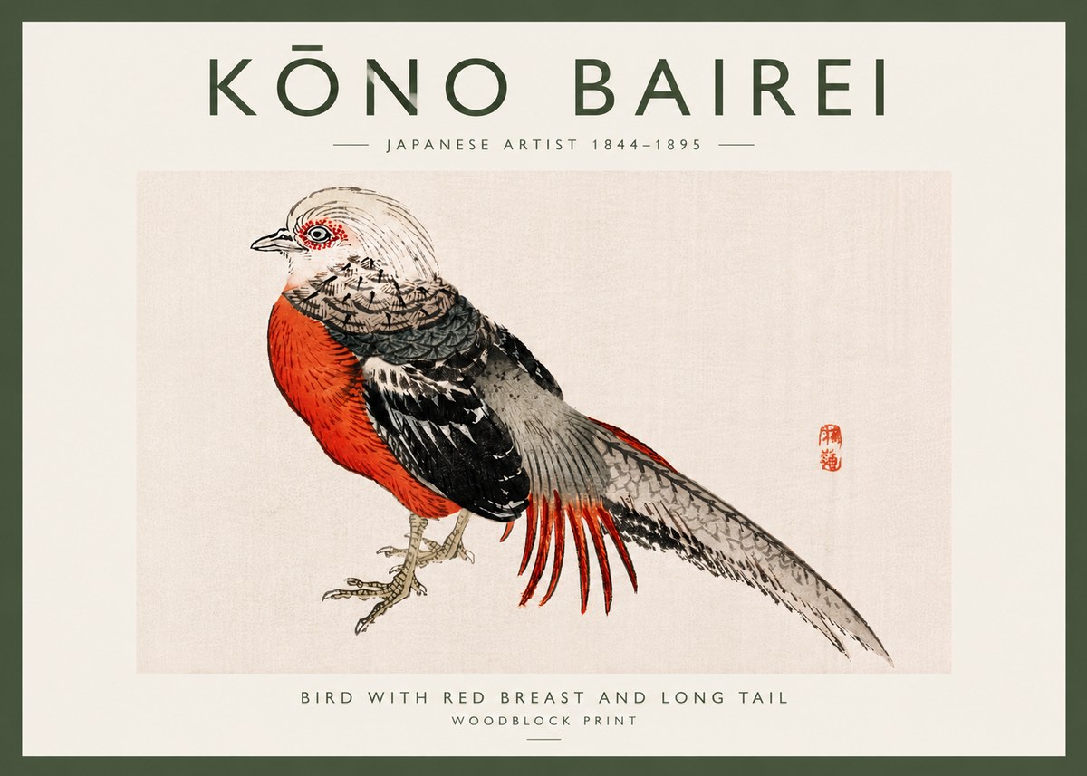 Kōno Bairei Bird with Red Breast and Long Tail No6 - Póster