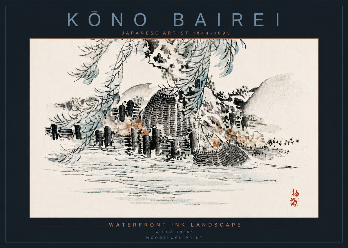 Kōno Bairei Waterfront Ink Landscape No4 - Póster