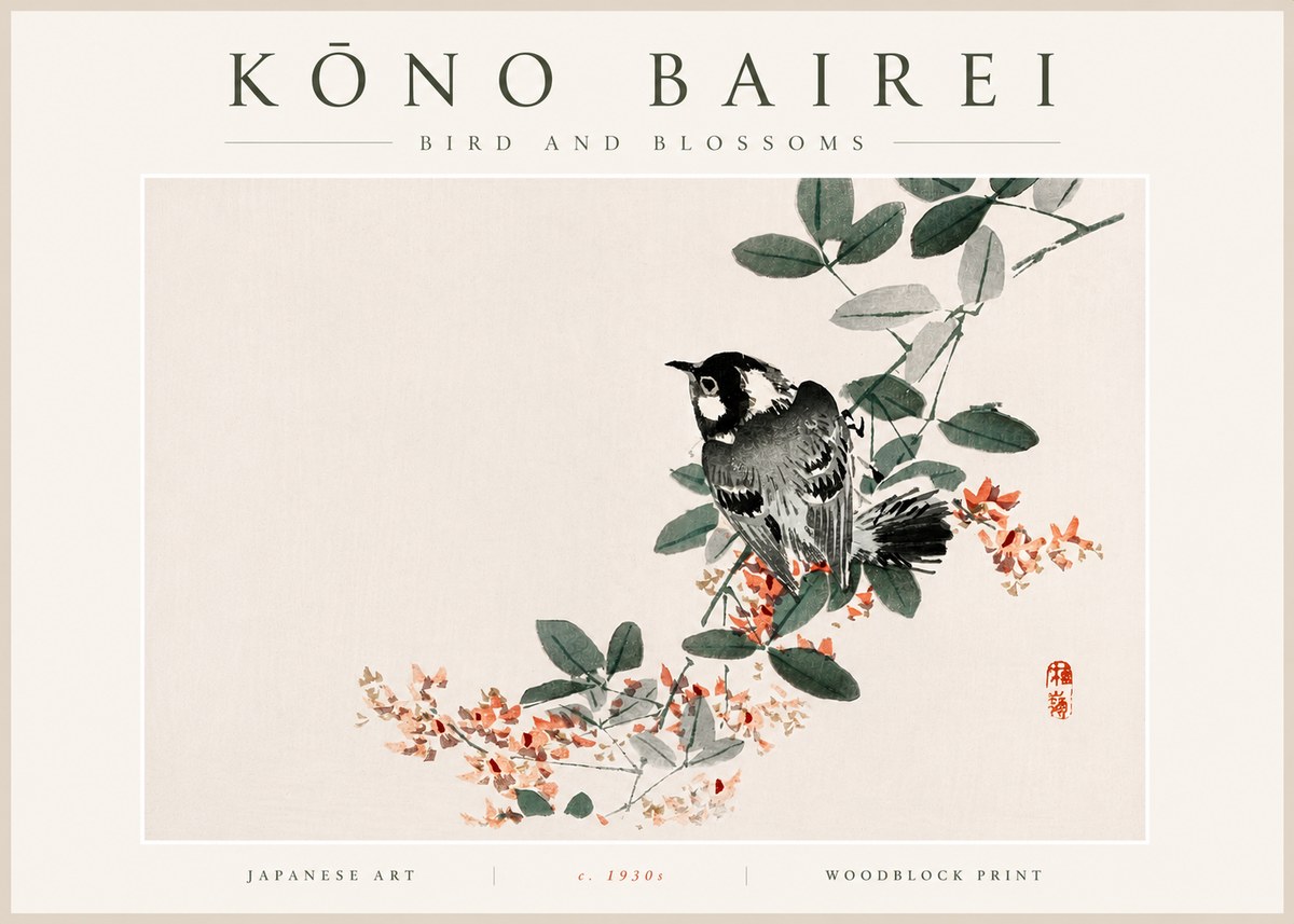 Kōno Bairei Bird and Blossoms No5 - Póster