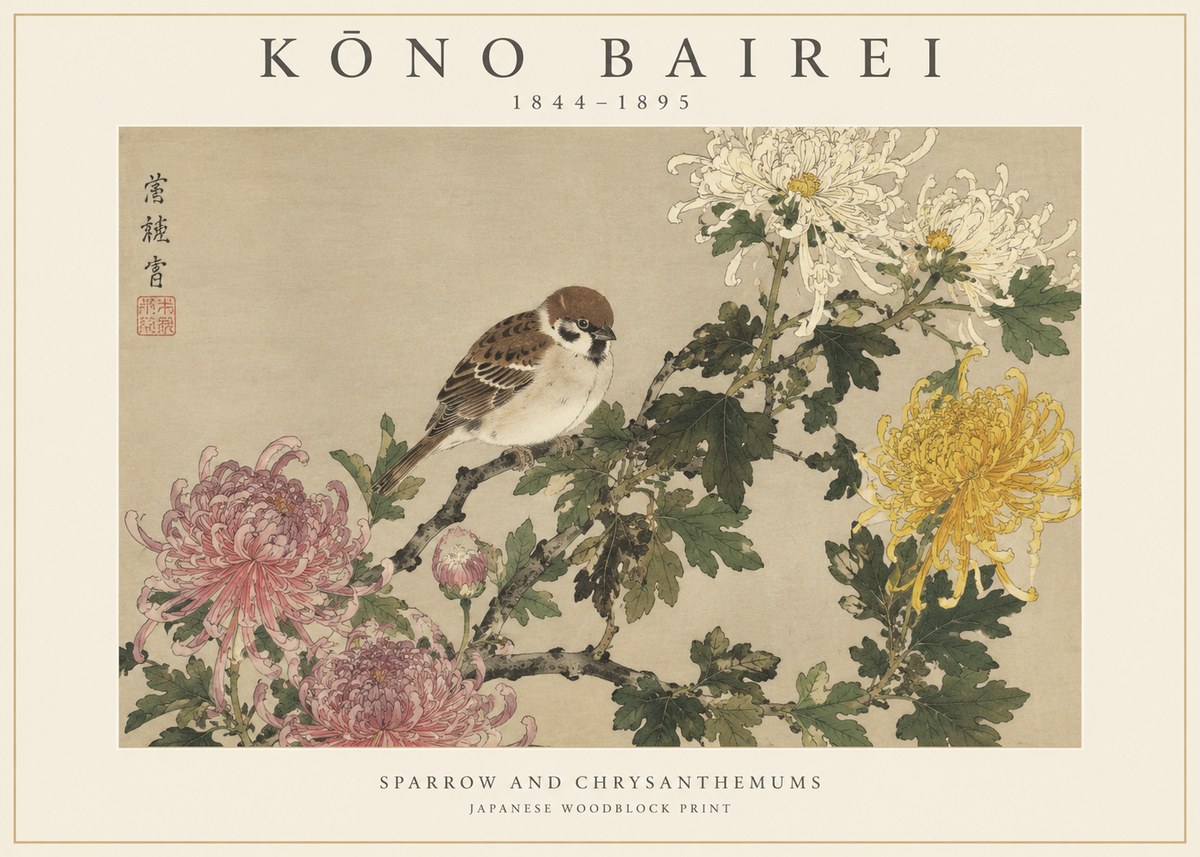 Kōno Bairei Sparrow and Chrysanthemums No1 - Póster
