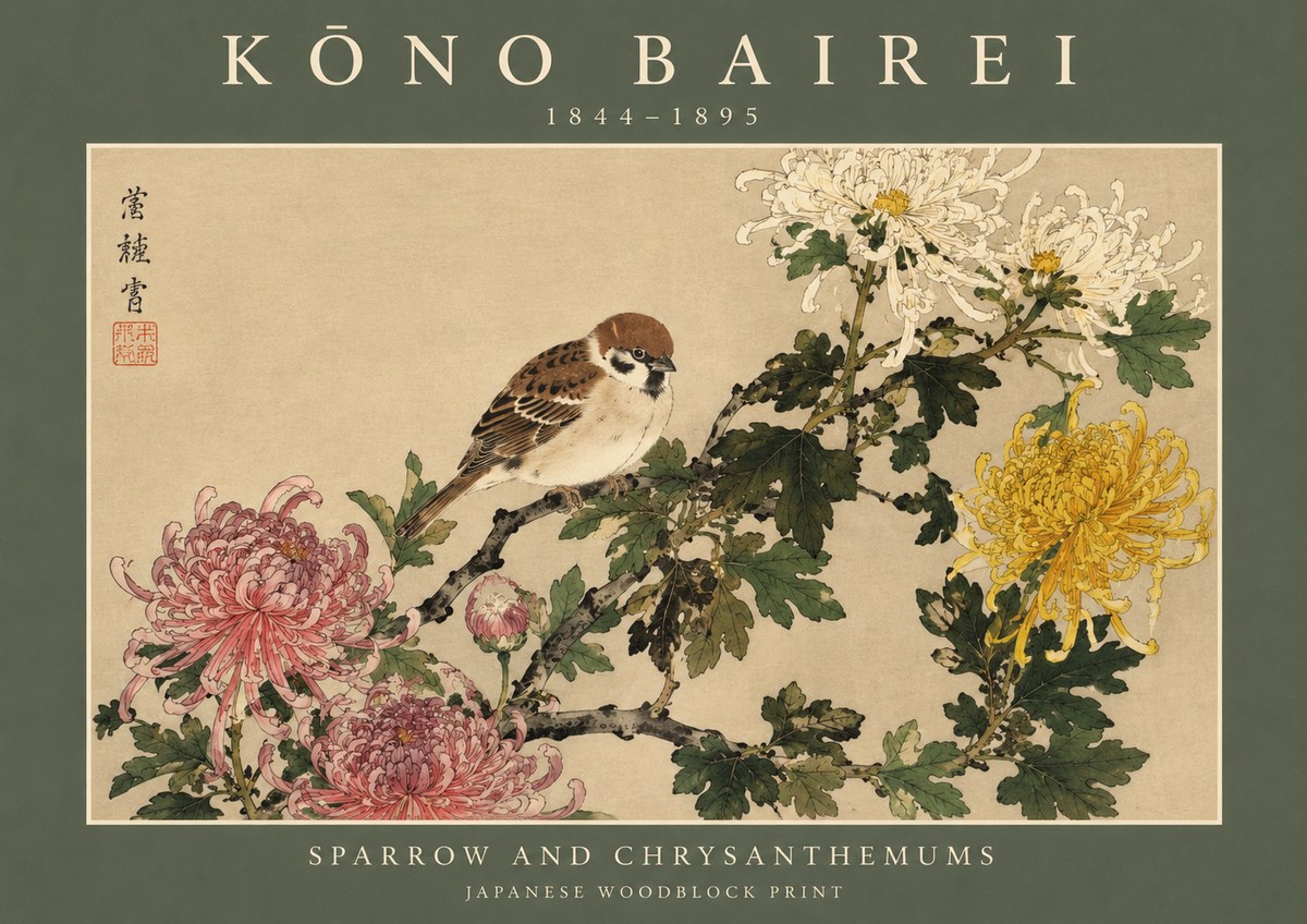 Kōno Bairei Sparrow and Chrysanthemums No2 - Póster
