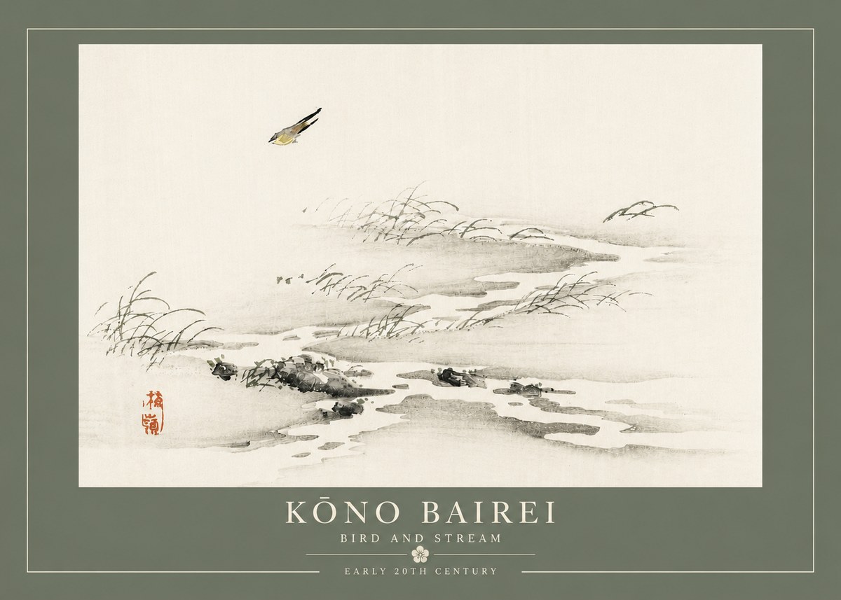 Kōno Bairei Bird and Stream No4 - Póster