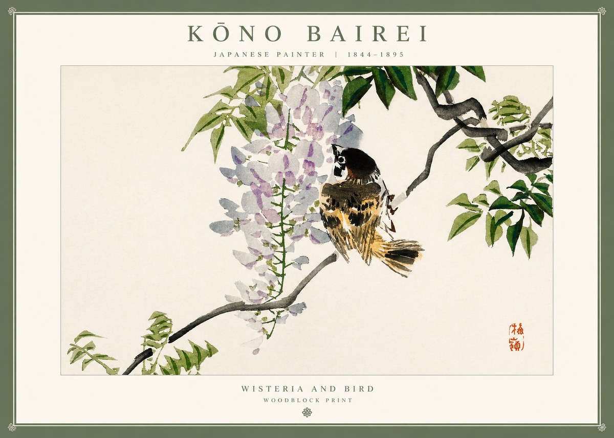Kōno Bairei Wisteria and Bird No1 - Póster