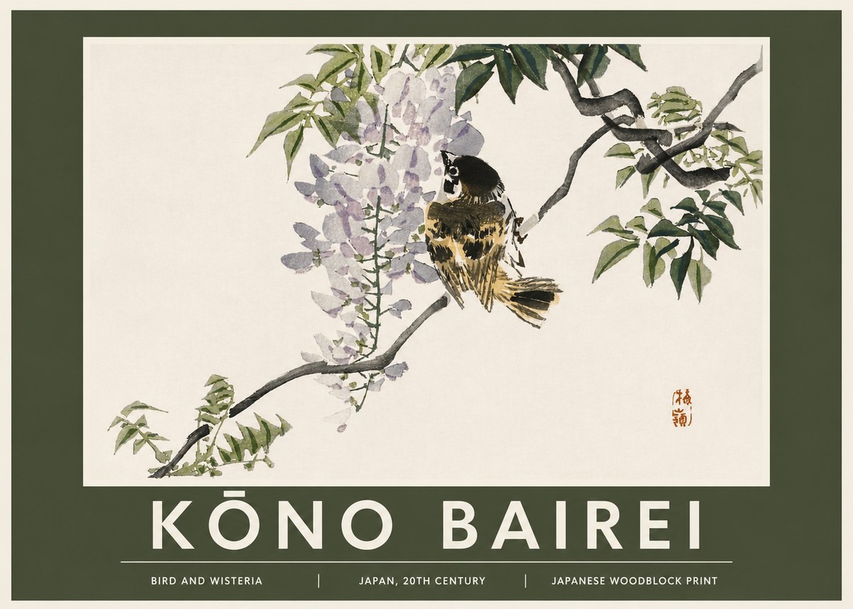 Kōno Bairei Wisteria and Bird No3 - Póster