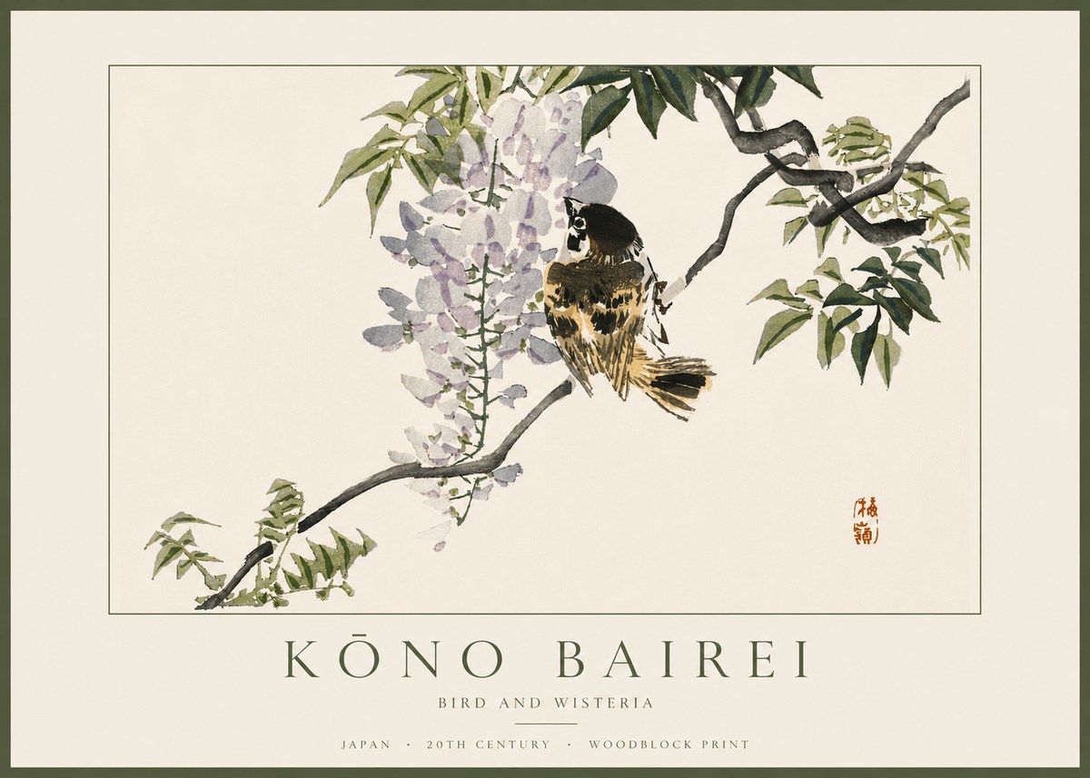 Kōno Bairei Wisteria and Bird No5 - Póster