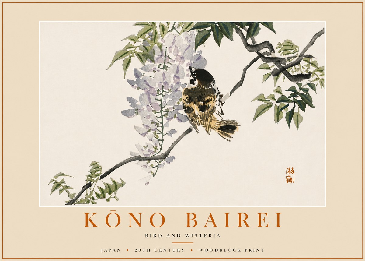 Kōno Bairei Wisteria and Bird No6 - Póster