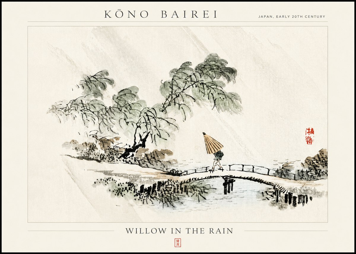 Kōno Bairei Willow in the Rain No3 - Póster