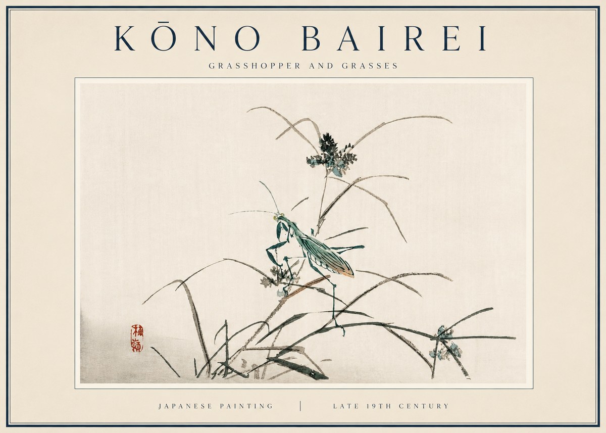 Kōno Bairei Grasshopper and Grasses No3 - Póster