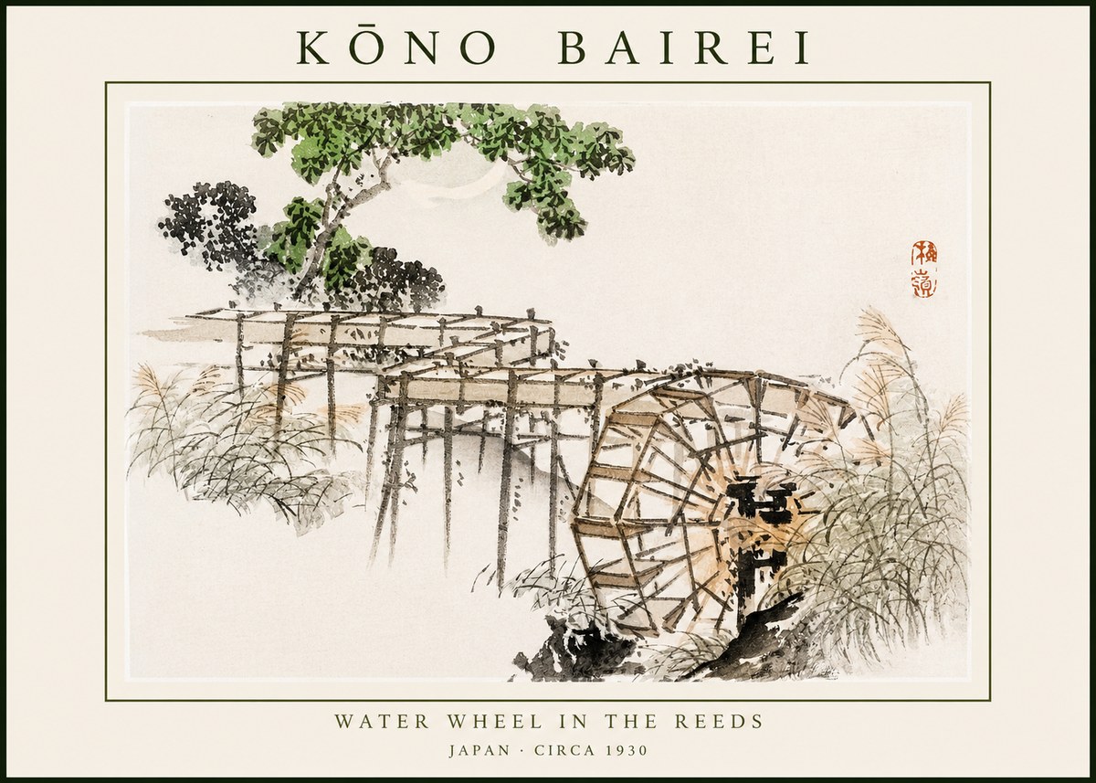 Kōno Bairei Water Wheel in the Reeds No1 - Póster