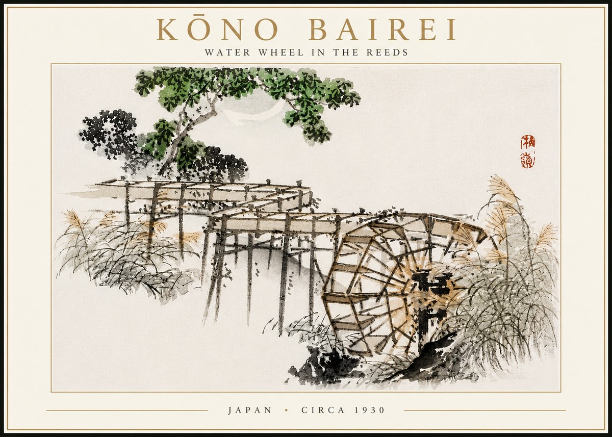 Kōno Bairei Water Wheel in the Reeds No4 - Póster