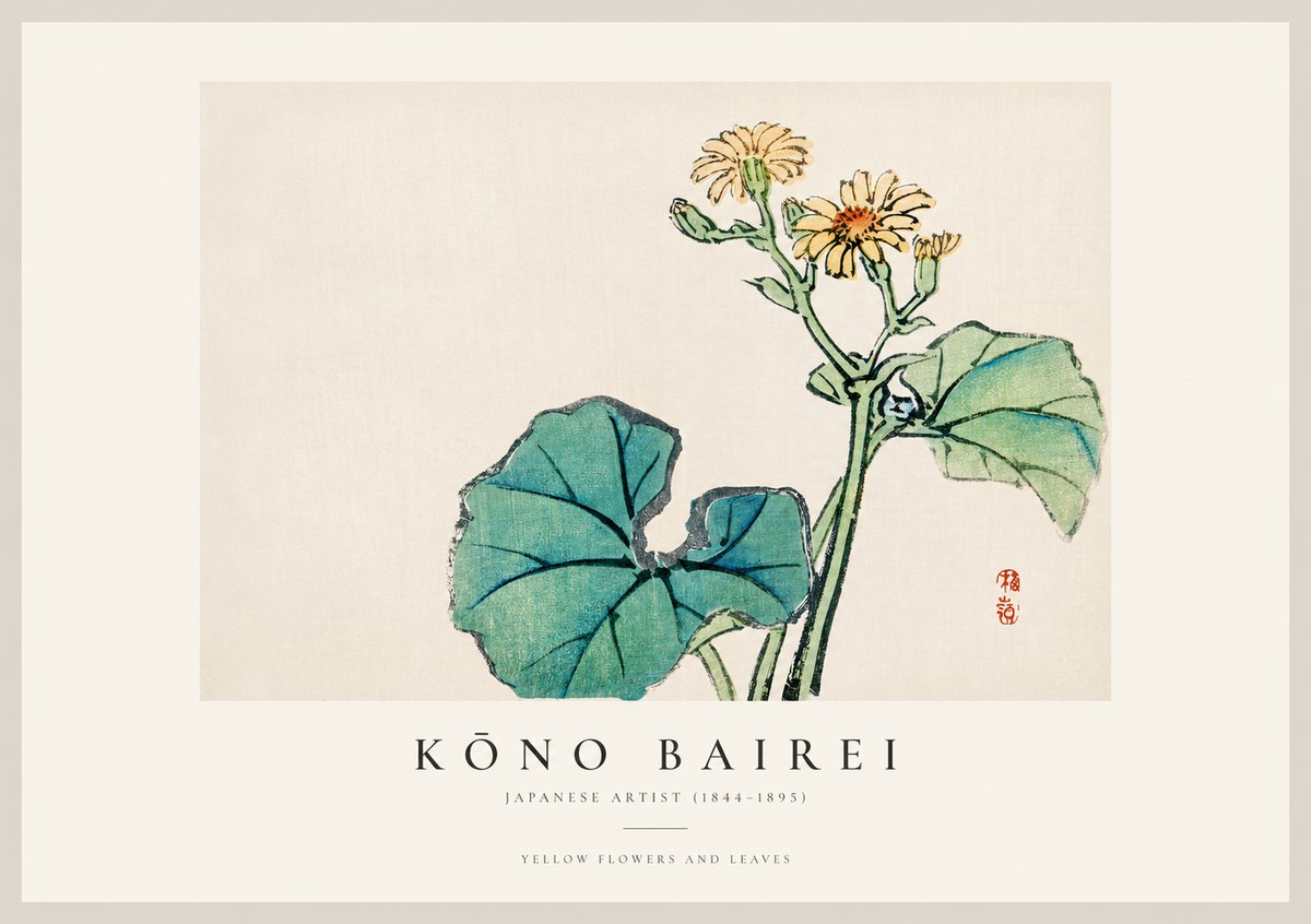 Kōno Bairei Yellow Flowers and Leaves No1 - Póster