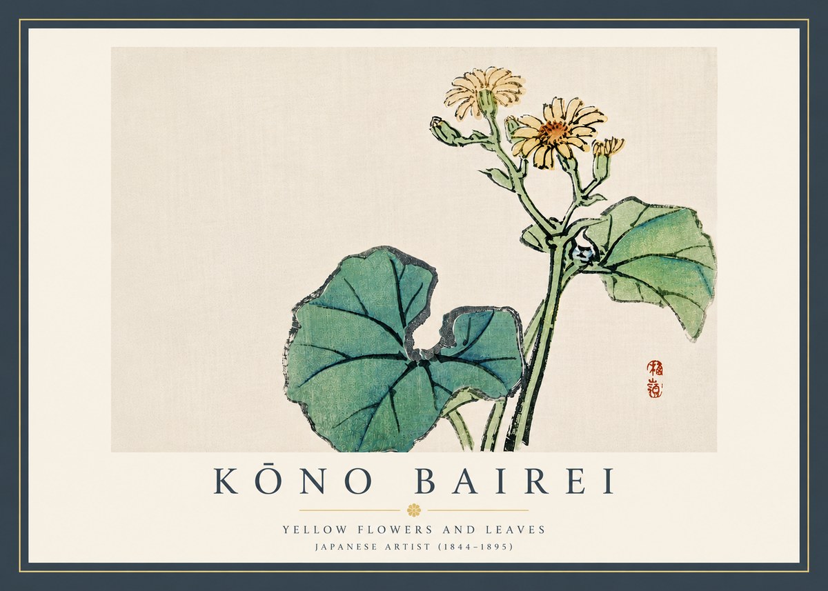 Kōno Bairei Yellow Flowers and Leaves No5 - Póster