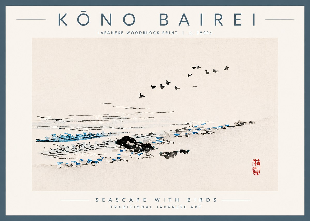 Kōno Bairei Seascape with Birds No5 - Póster