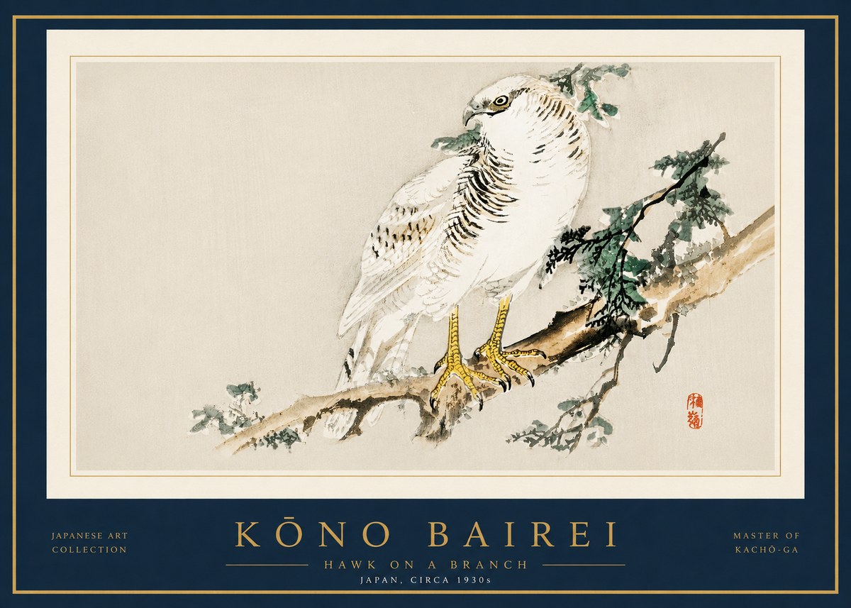 Kōno Bairei Hawk on a Branch No5 - Póster