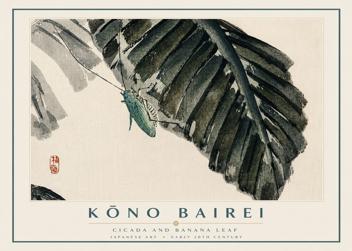Kōno Bairei Cicada and Banana Leaf No3 - Póster