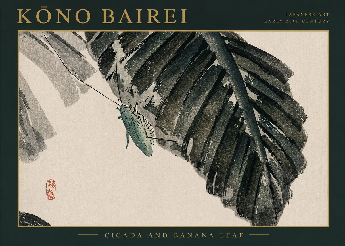 Kōno Bairei Cicada and Banana Leaf No4 - Póster
