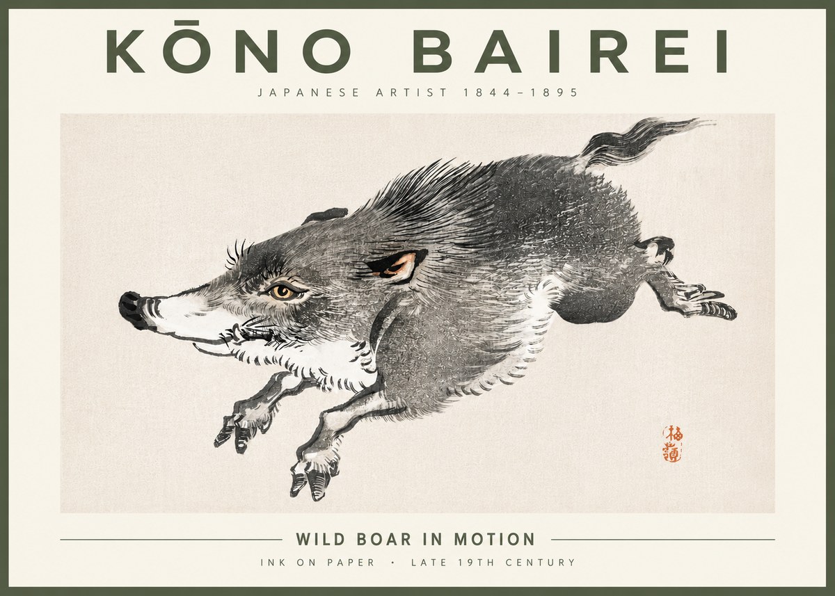 Kōno Bairei Wild Boar in Motion No4 - Póster