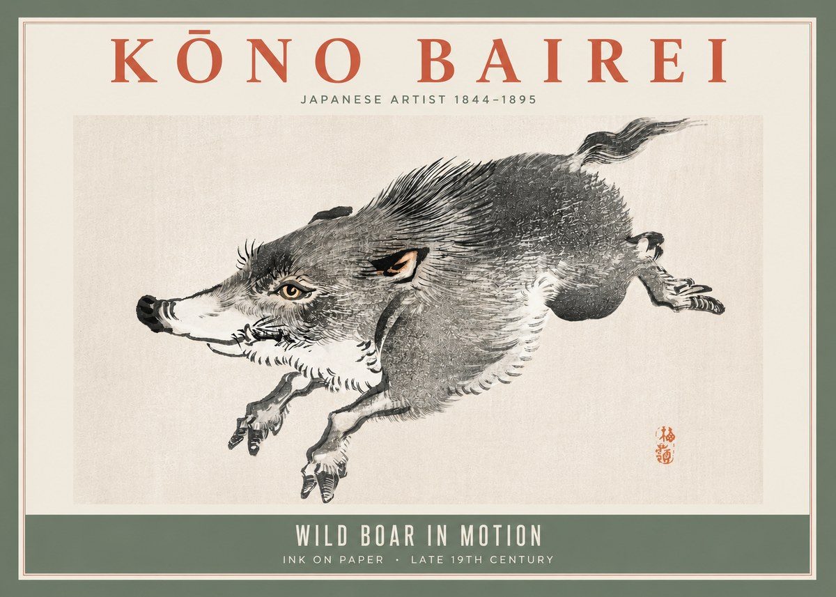 Kōno Bairei Wild Boar in Motion No5 - Póster