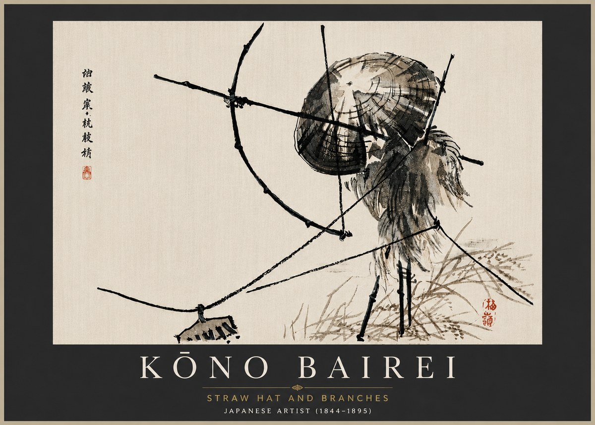 Kōno Bairei Straw Hat and Branches No5 - Póster