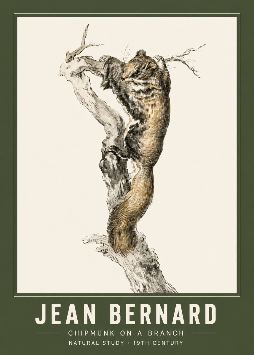 Jean Bernard Study of a Squirrel Climbing a Branch No3 - Póster