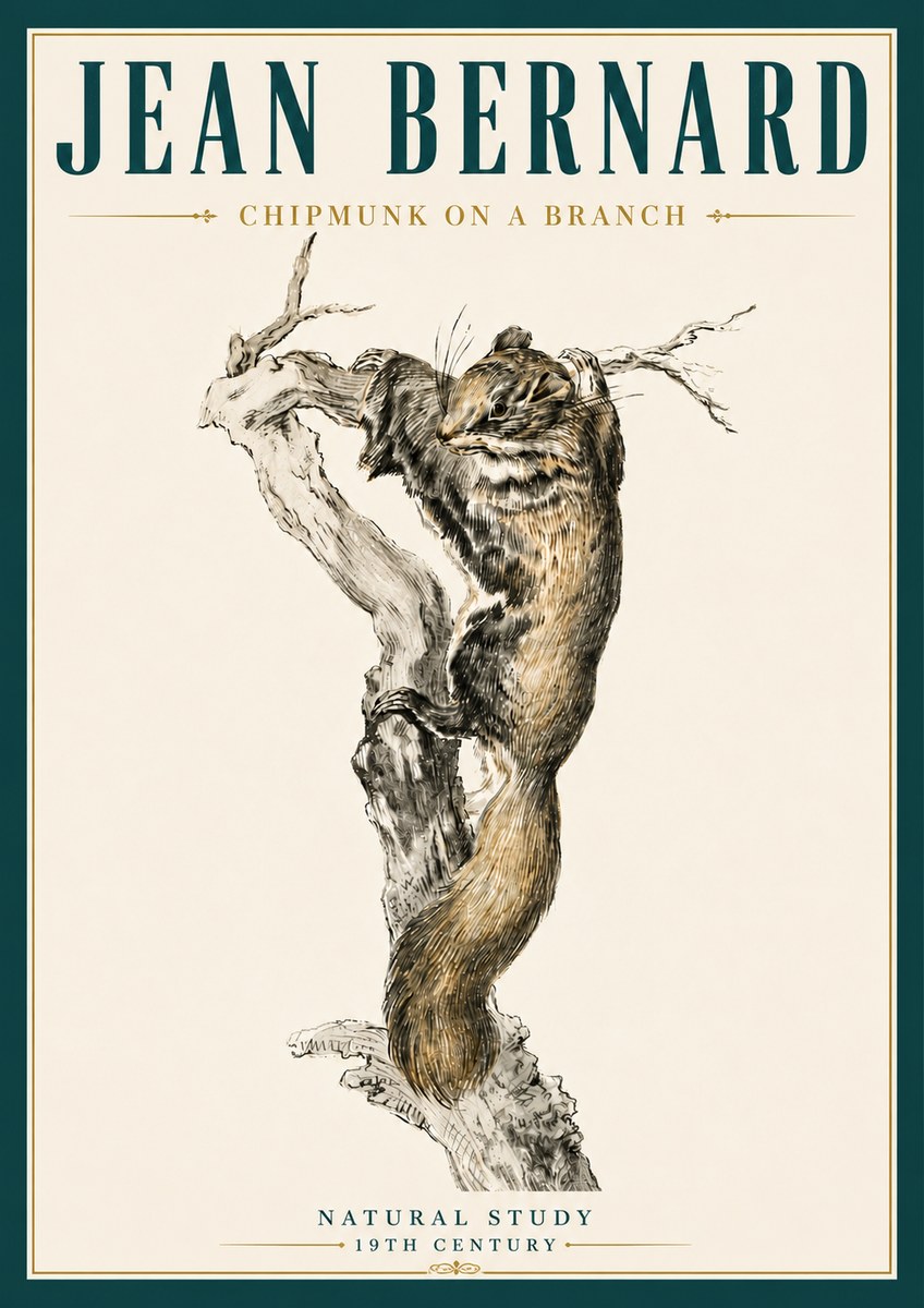 Jean Bernard Study of a Squirrel Climbing a Branch No6 - Póster