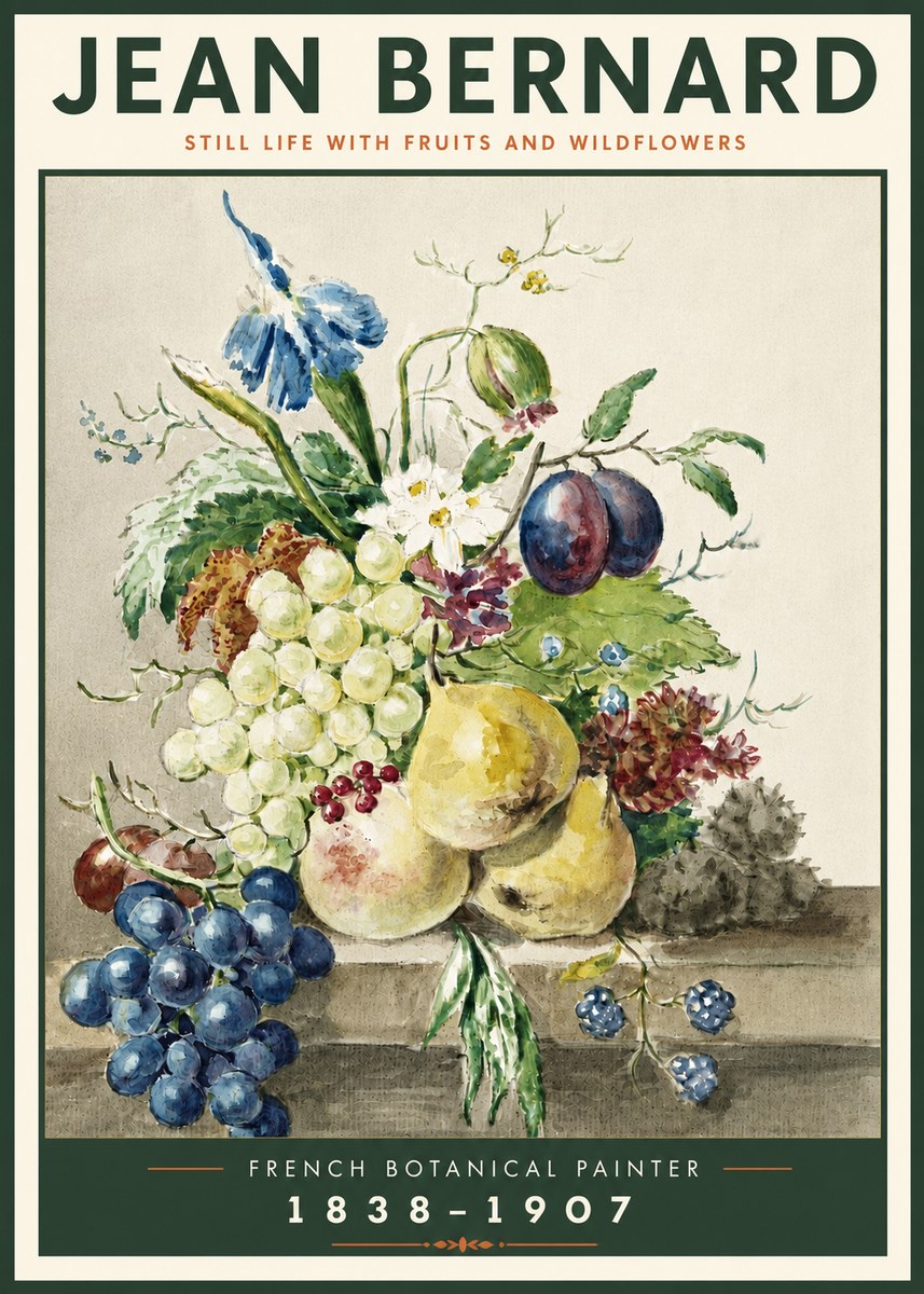 Jean Bernard Still Life with Fruits and Wildflowers No4 - Póster