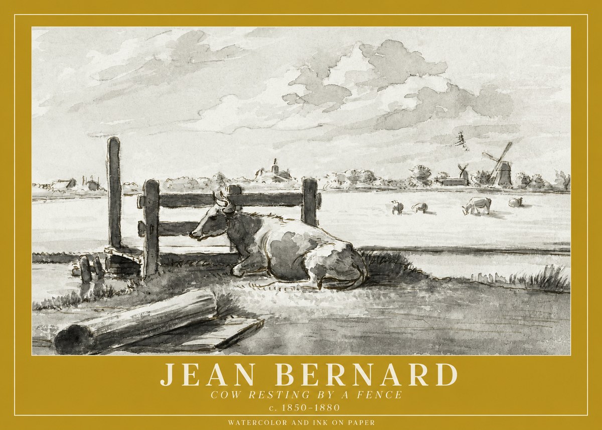 Jean Bernard Cow Resting by a Fence No1 - Póster