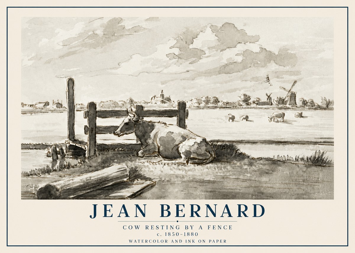 Jean Bernard Cow Resting by a Fence No2 - Póster