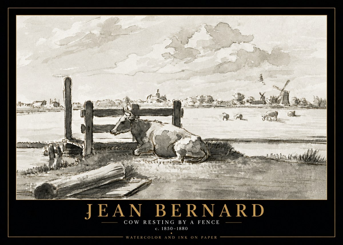 Jean Bernard Cow Resting by a Fence No5 - Póster