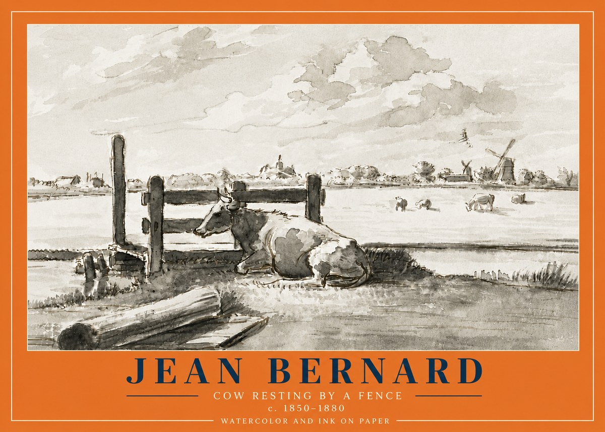 Jean Bernard Cow Resting by a Fence No6 - Póster