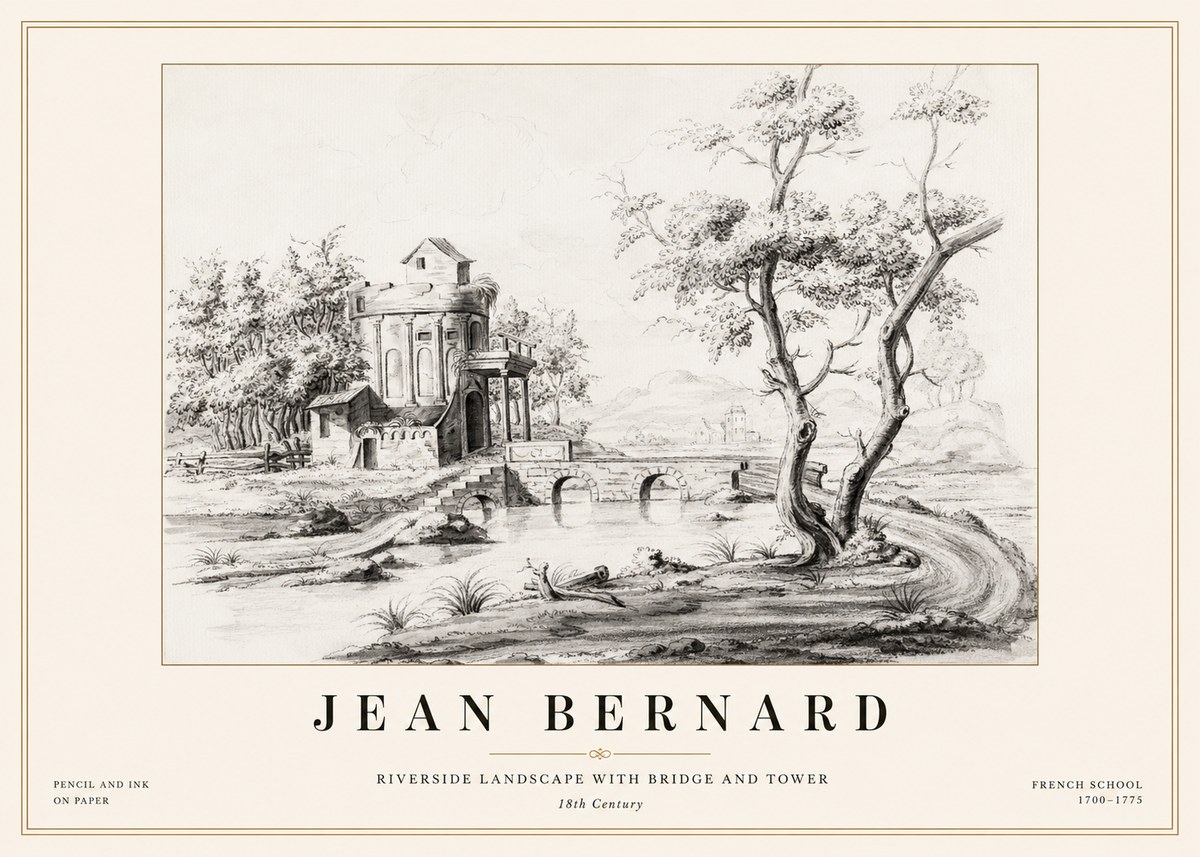 Jean Bernard Riverside Landscape with Bridge and Tower No1 - Póster