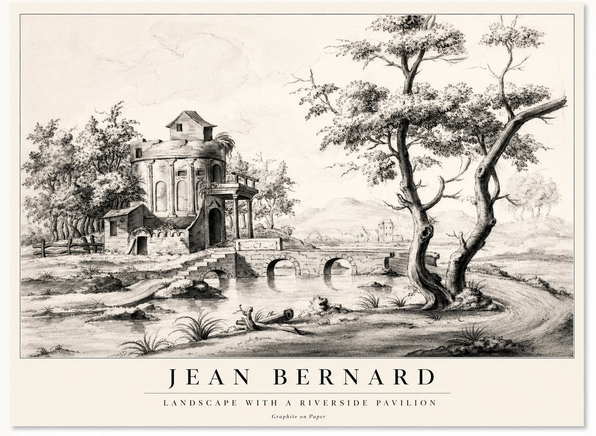 Jean Bernard Riverside Landscape with Bridge and Tower No2 - Póster