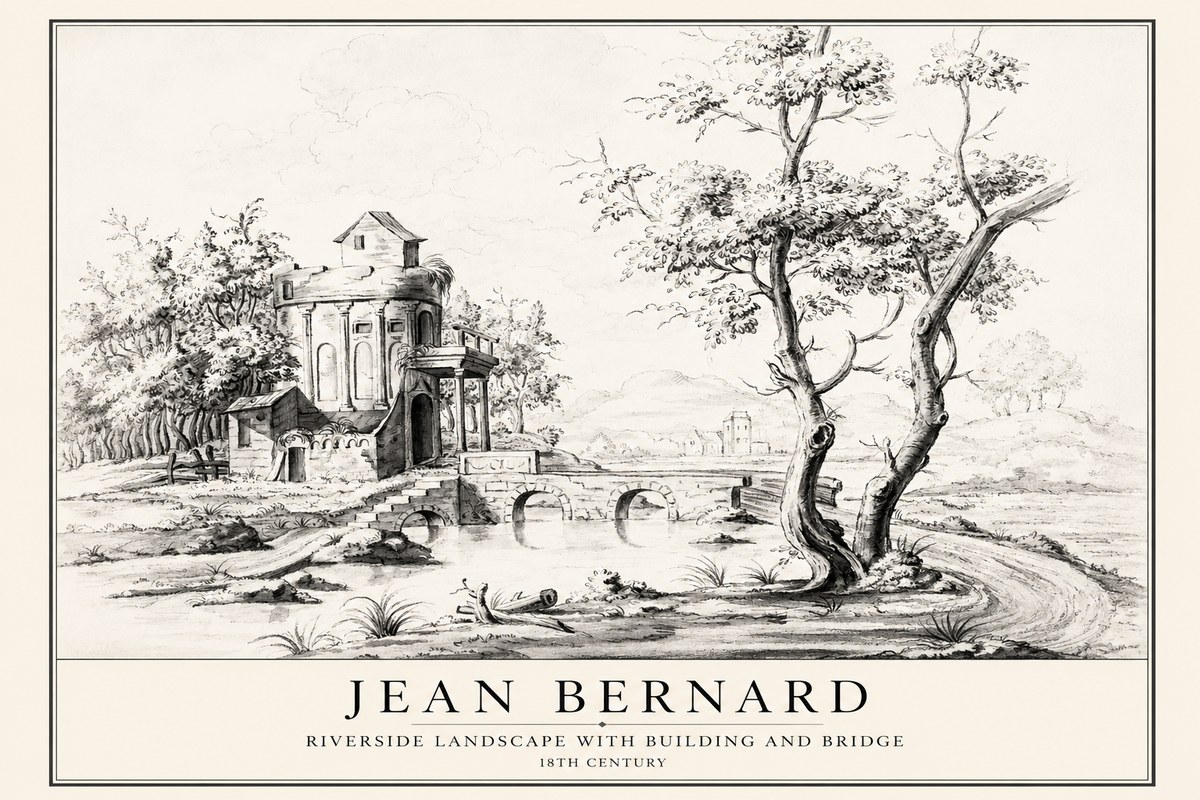 Jean Bernard Riverside Landscape with Bridge and Tower No4 - Póster