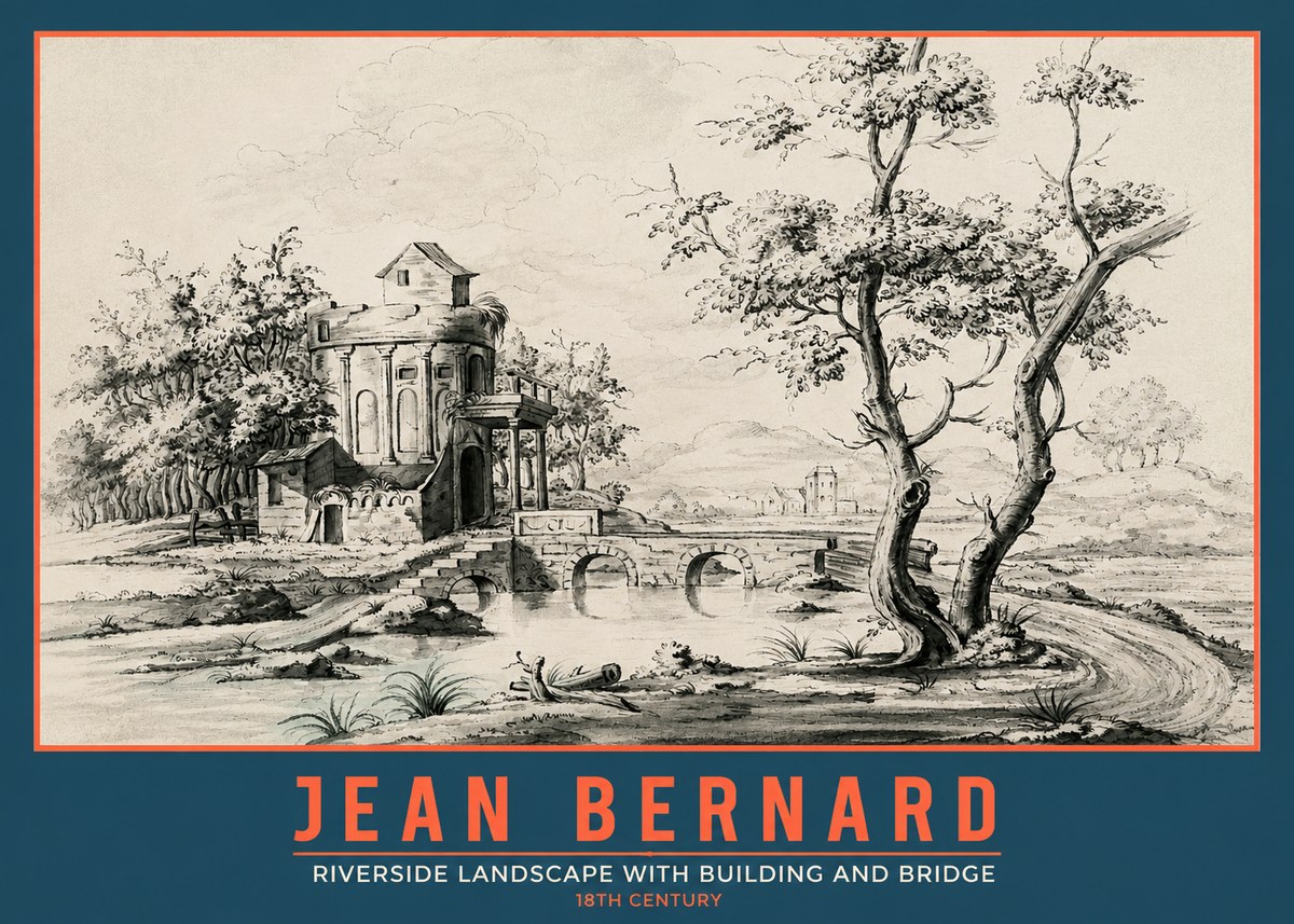Jean Bernard Riverside Landscape with Bridge and Tower No5 - Póster