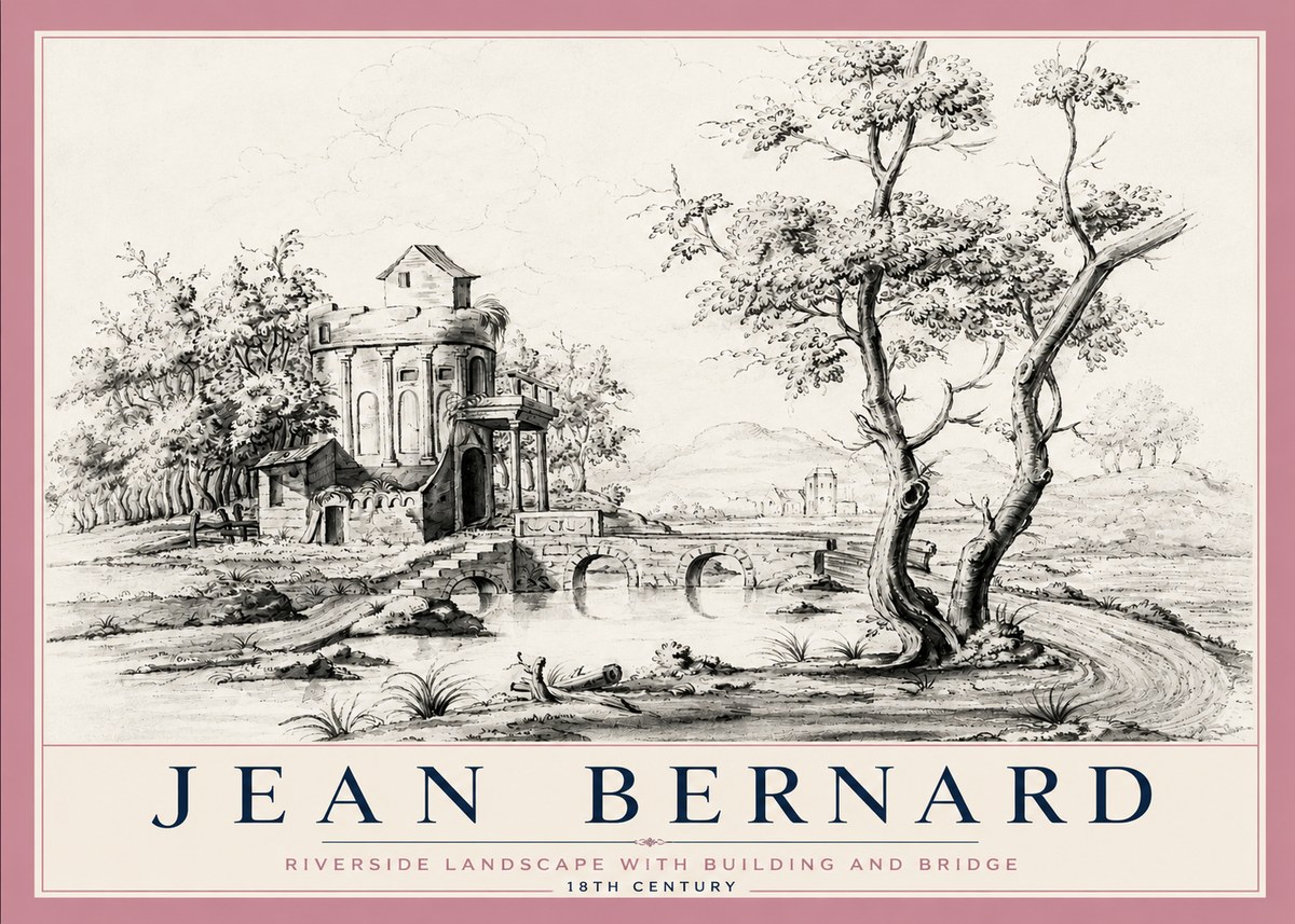 Jean Bernard Riverside Landscape with Bridge and Tower No6 - Póster