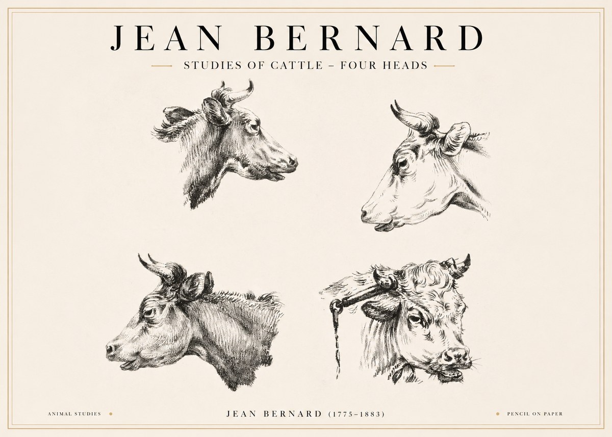 Jean Bernard Studies of Cattle - Four Heads No1 - Póster
