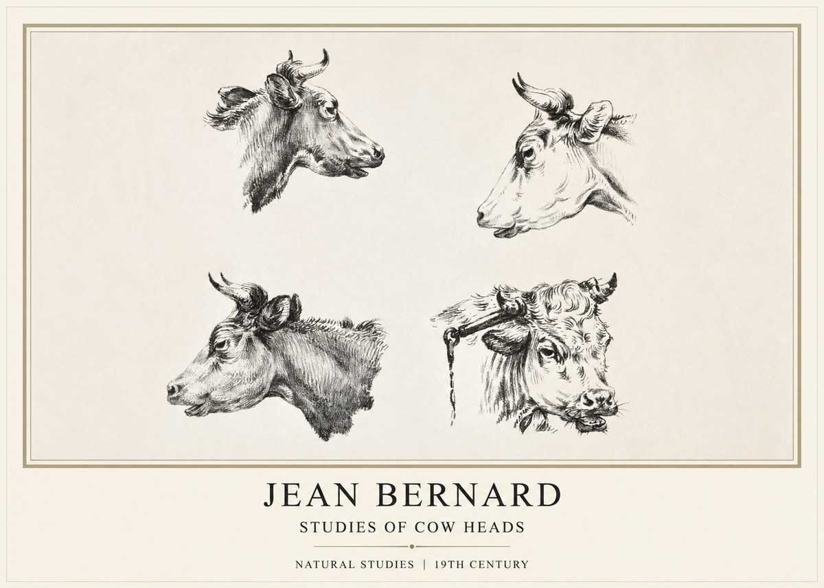 Jean Bernard Studies of Cattle - Four Heads No2 - Póster