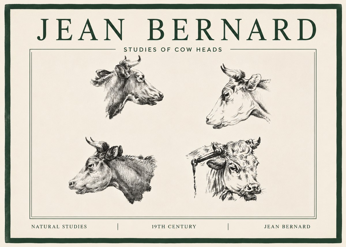 Jean Bernard Studies of Cattle - Four Heads No4 - Póster