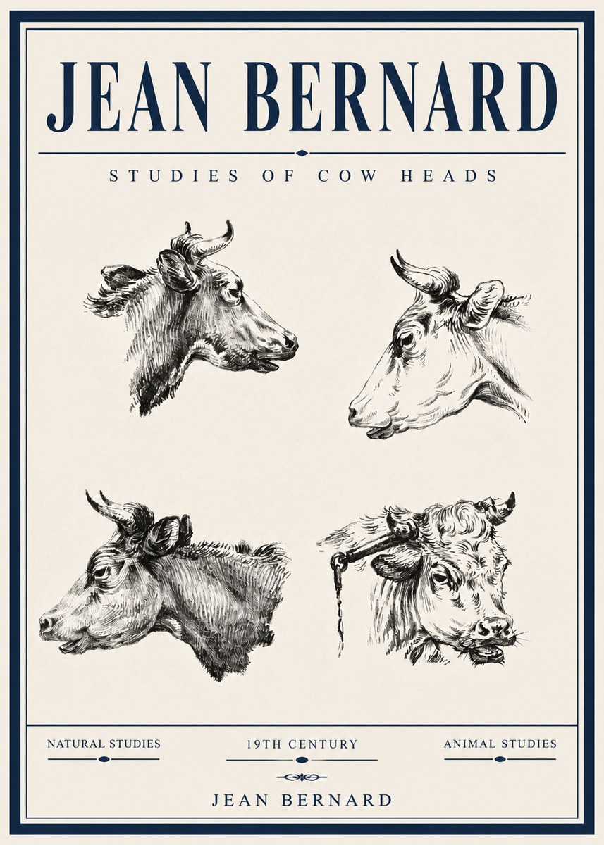 Jean Bernard Studies of Cattle - Four Heads No6 - Póster