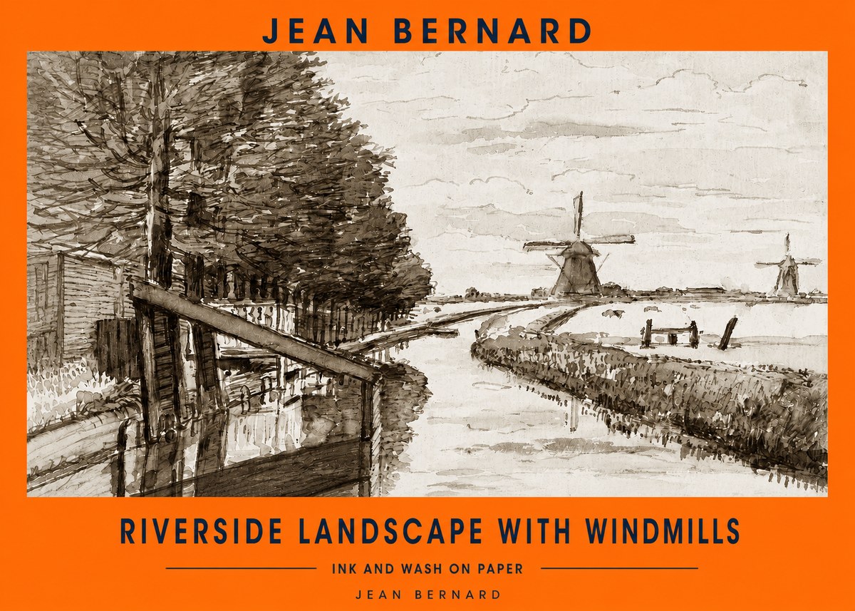 Jean Bernard Riverside Landscape with Windmills No2 - Póster