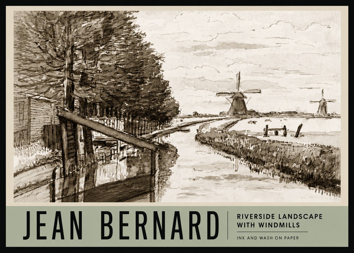 Jean Bernard Riverside Landscape with Windmills No3 - Póster