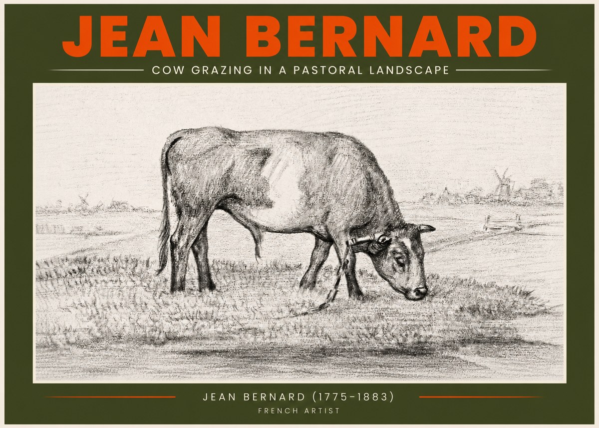 Jean Bernard Cow Grazing in a Pastoral Landscape No3 - Póster