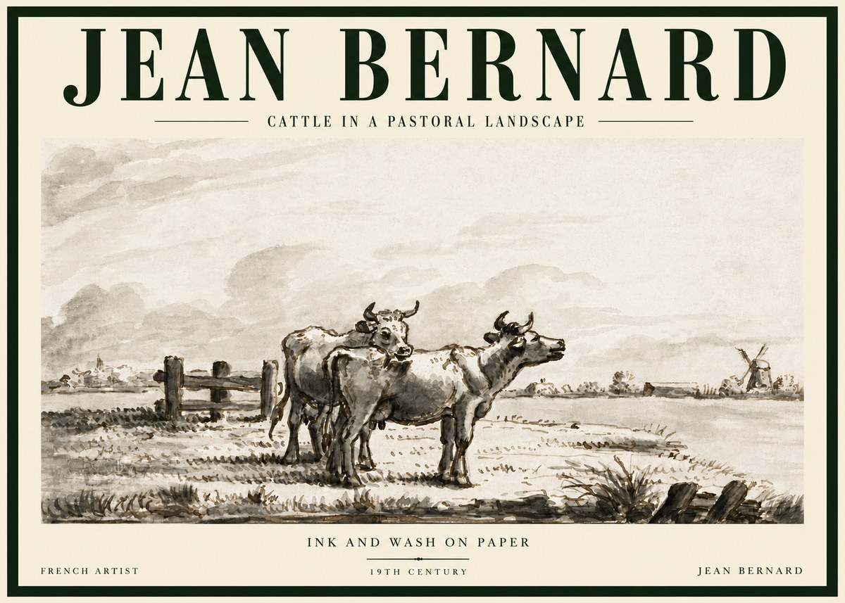 Jean Bernard Cattle in a Pastoral Landscape No5 - Póster