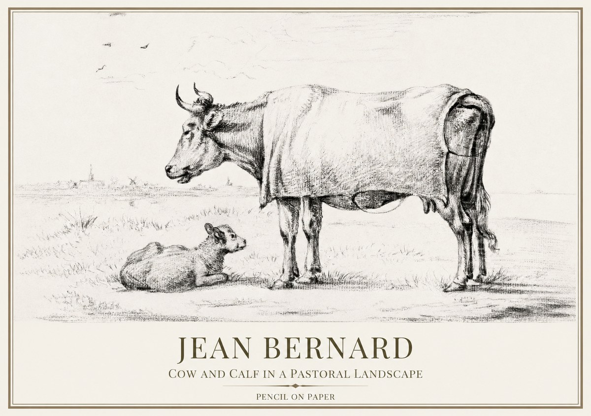 Jean Bernard Cow and Calf in a Pastoral Landscape No1 - Póster