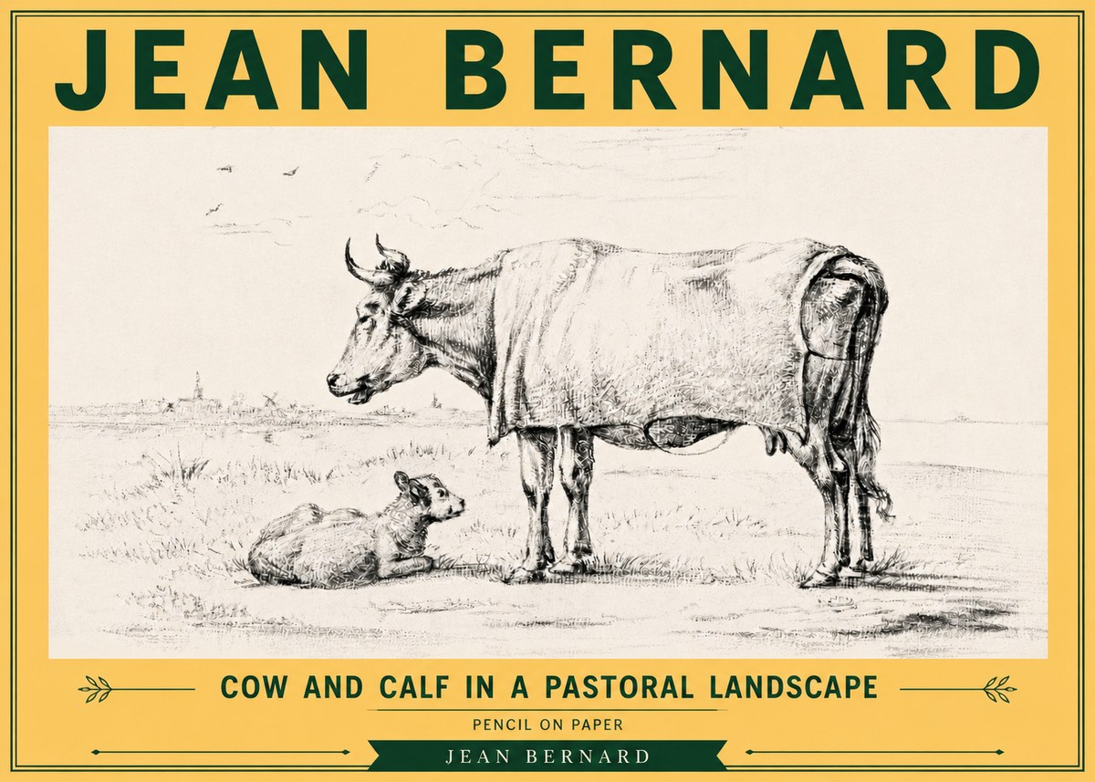 Jean Bernard Cow and Calf in a Pastoral Landscape No6 - Póster