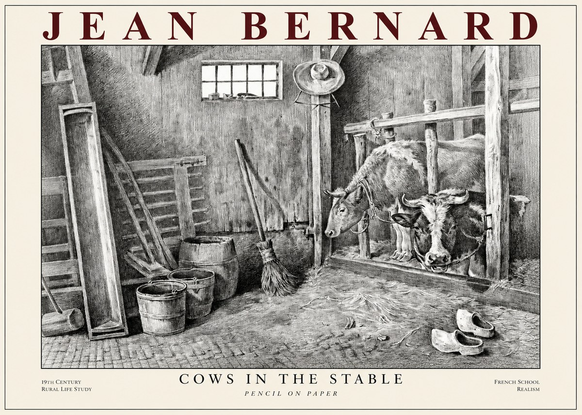 Jean Bernard Cows in the Stable No1 - Póster