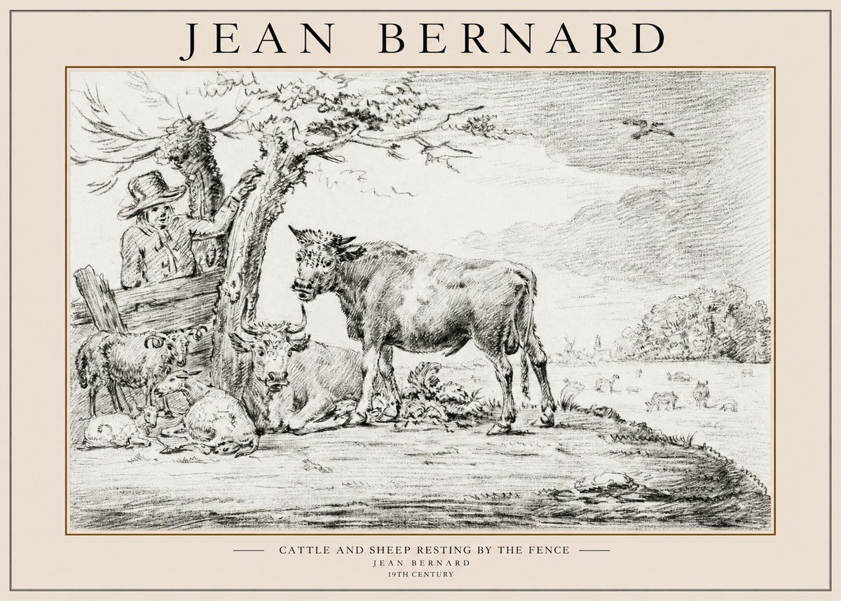 Jean Bernard Cattle and Sheep Resting by the Fence No1 - Póster