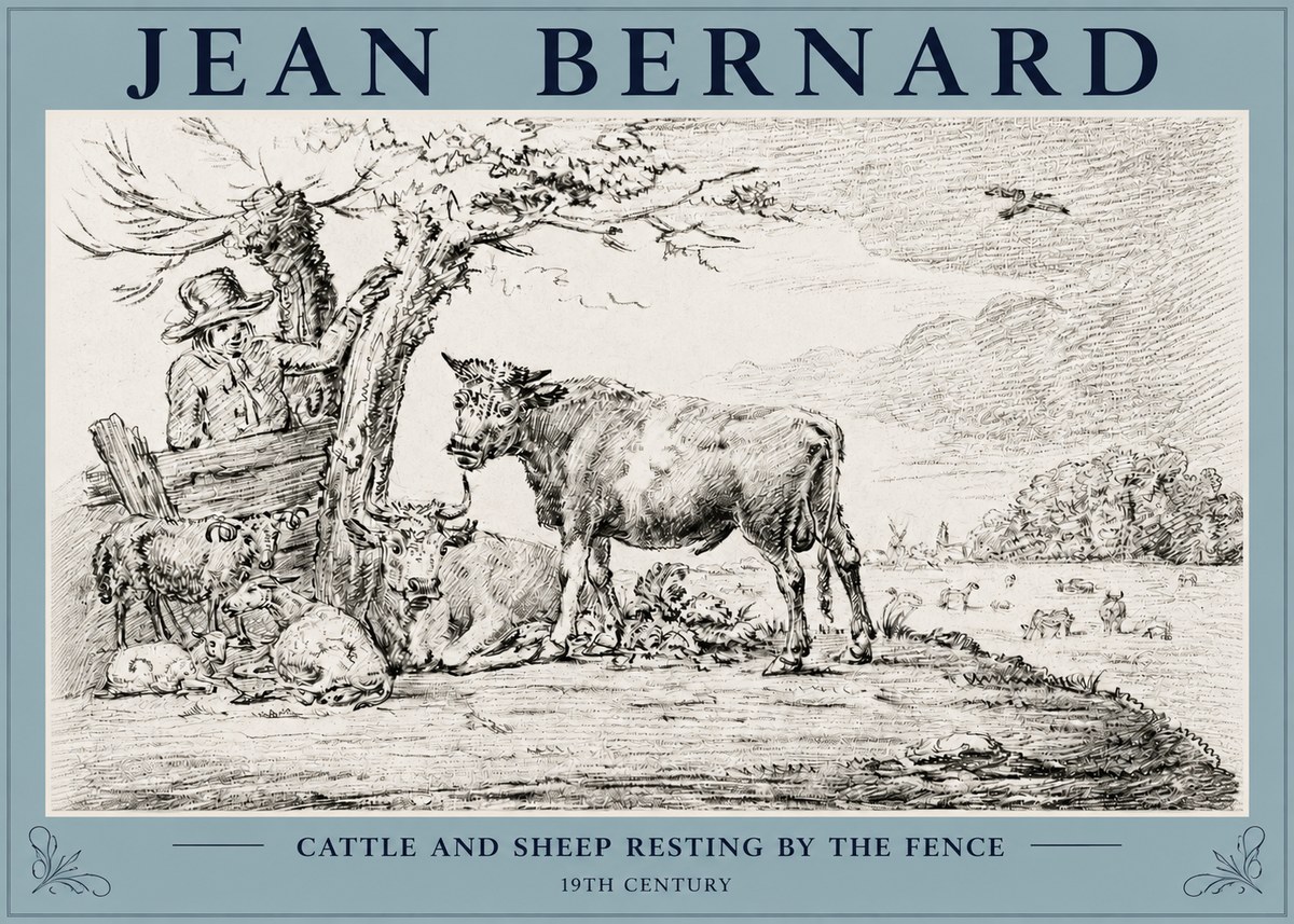 Jean Bernard Cattle and Sheep Resting by the Fence No3 - Póster